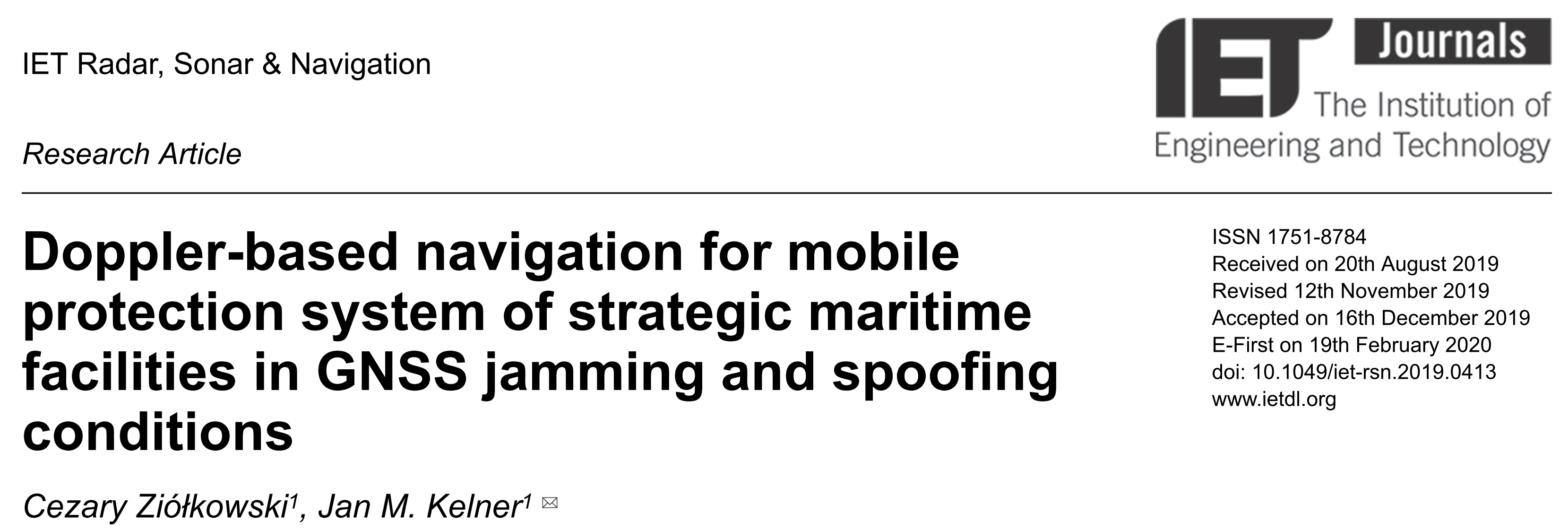 Jan M. Kelner homepage » New article published in IET Radar, Sonar
